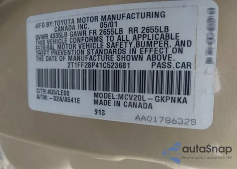 2001 Toyota Camry Solara Sle V6 из США, поврежденный, VIN 2T1FF28P41C523681